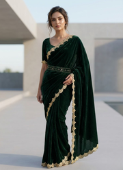 Forest Green Silk Saree in Velvet with Sequins Butti Embroidery, Cutwork & Belt + Blouse 4