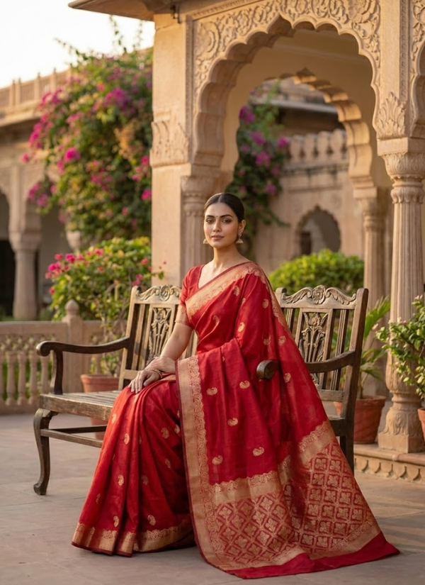 Red Banarasi Katan Silk Saree – Zari Work with Blouse Piece