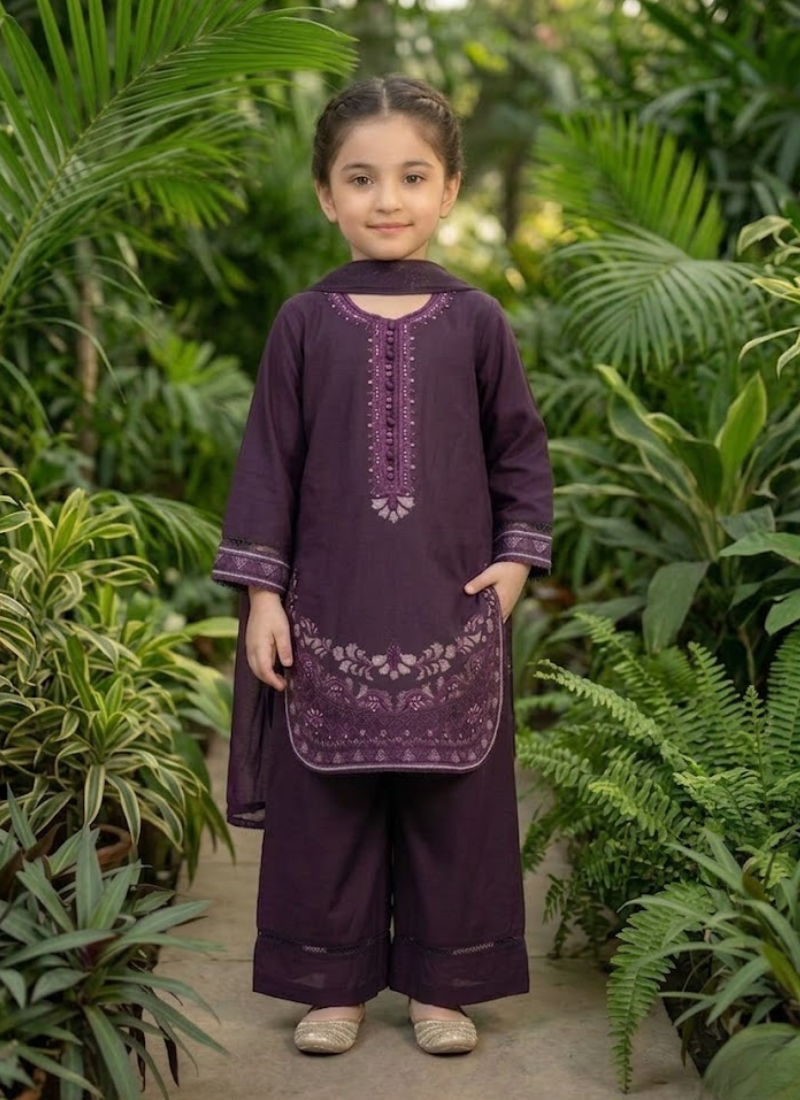 Girl’s 3‑Piece Embroidered Cotton Midi Shirt Set