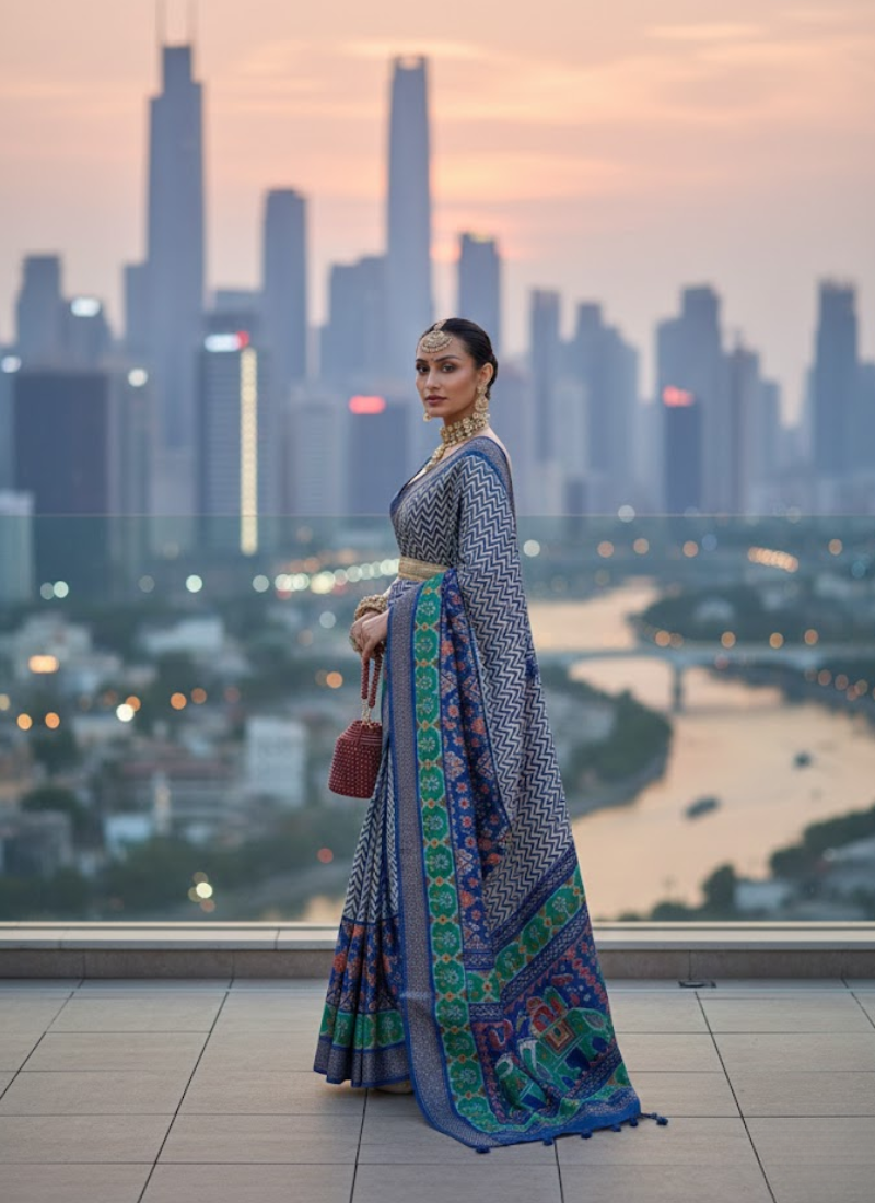 Blue-Green Patoka Saree – Silver Border & Elephant Pallu