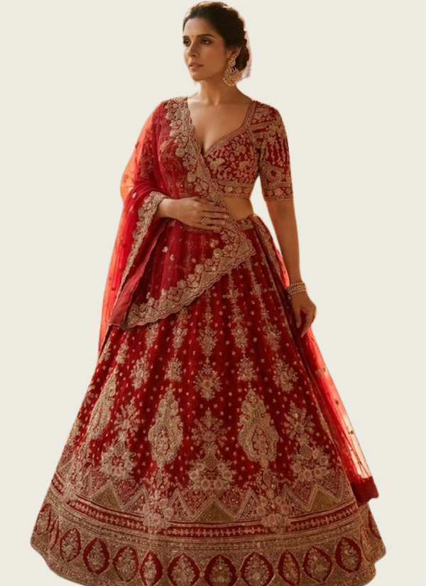 Red Malai Satin Bridal Lehenga Choli with Sequins Embroidery + Organza Silk Dupatta Australia