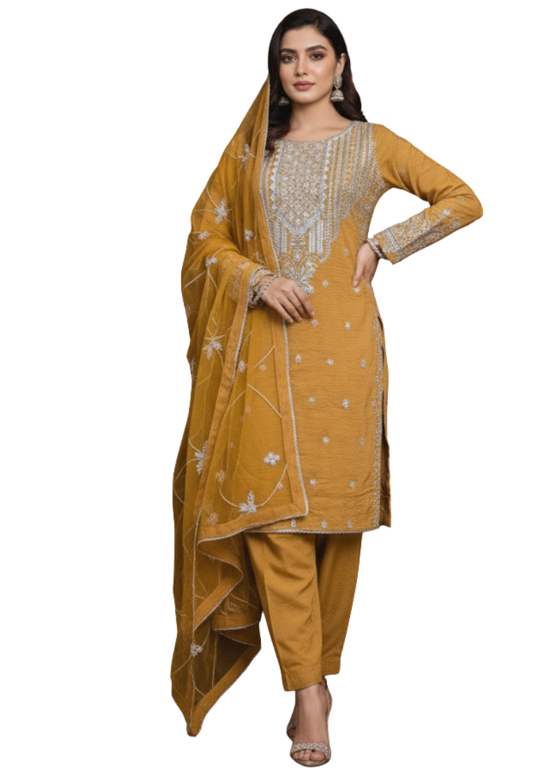 Ochre Pakistani Salwar Suit – Cotton with Silver Embroidery & Dupatta