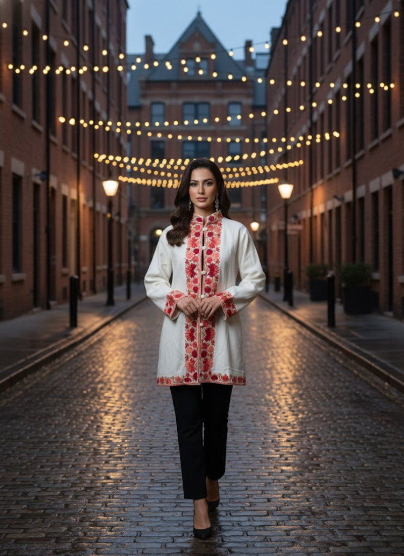 Kashmiri Pashmina Half Coat – Embroidered White