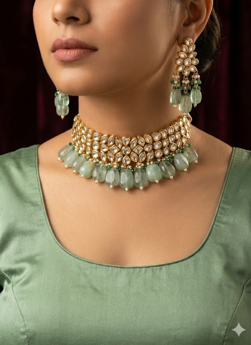 Kundan Choker Necklace Set – Light Green Beads