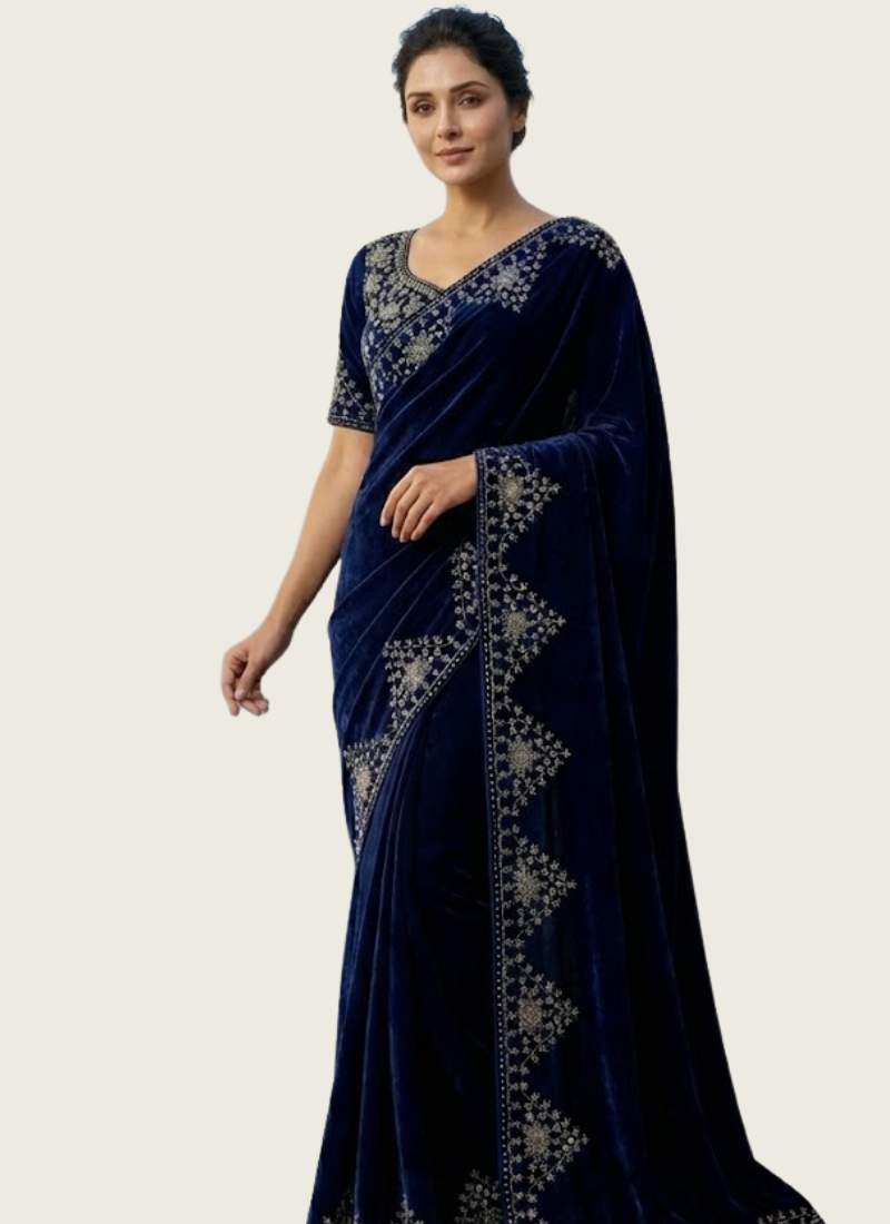 Silk Saree in Pure Velvet with Embroidery Border & Blouse Piece