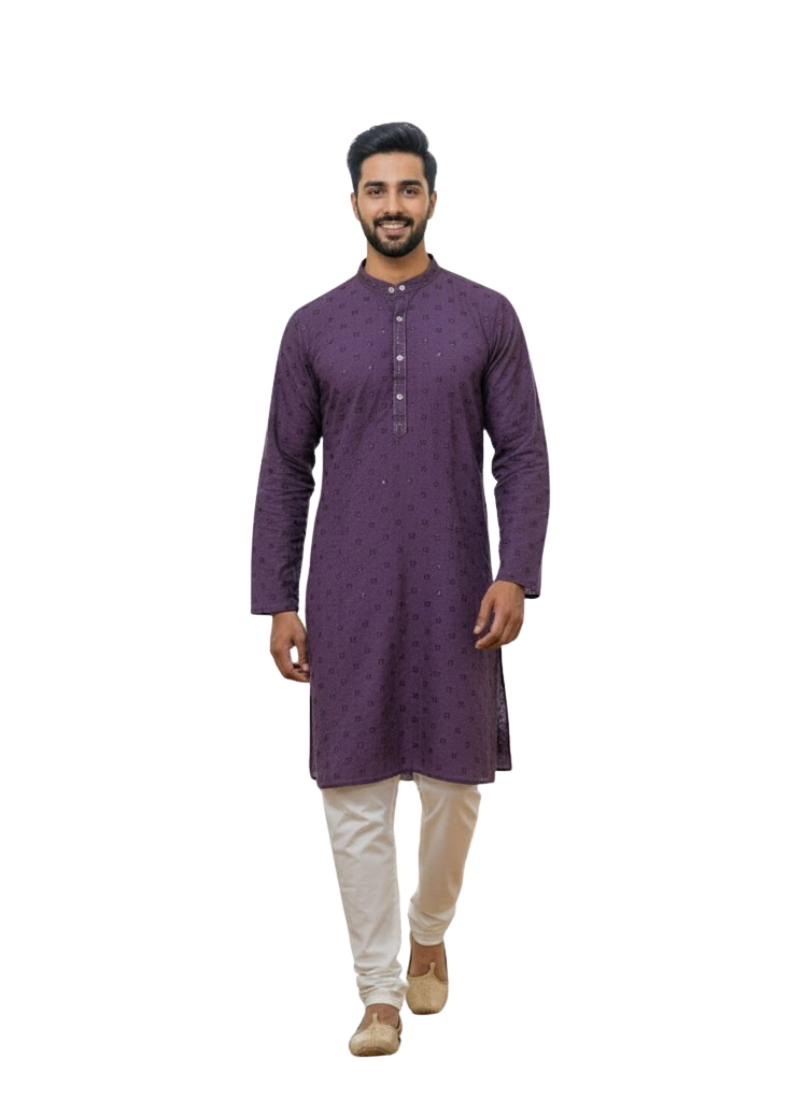 Men’s Kurta – Light Purple Linen Cotton with Embroidery