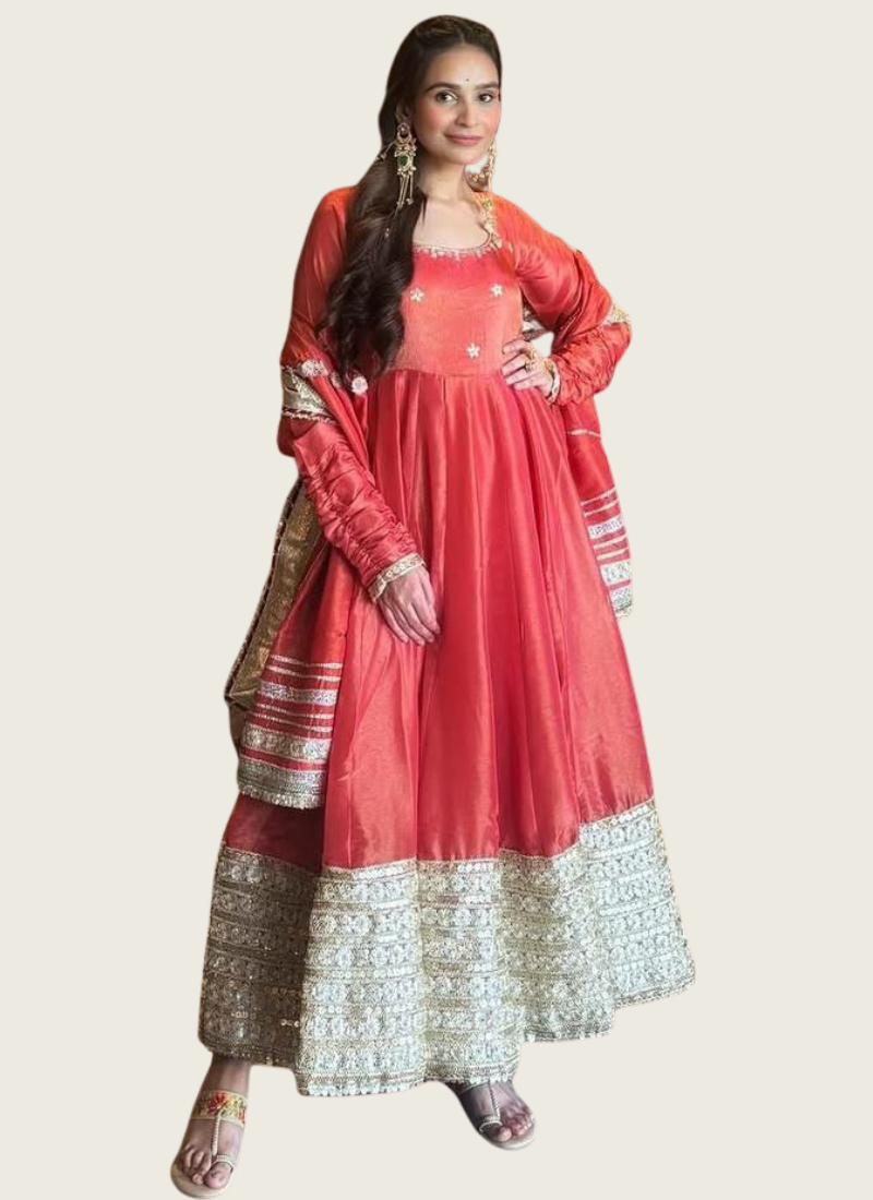 Anarkali Suit in Chinon Silk with Coding & Sequins Embroidery + Dupatta | Gleemium fashion