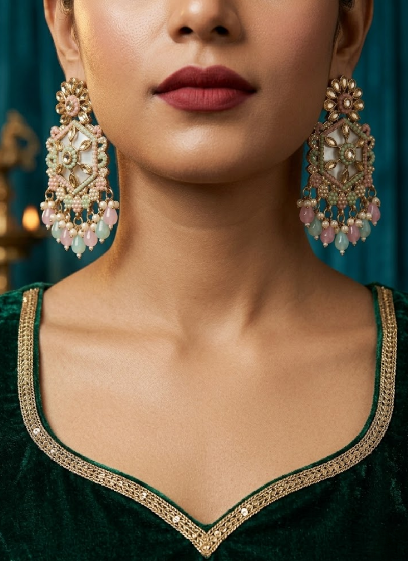 Sea Green with Baby Pink Kundan Earrings - View 2