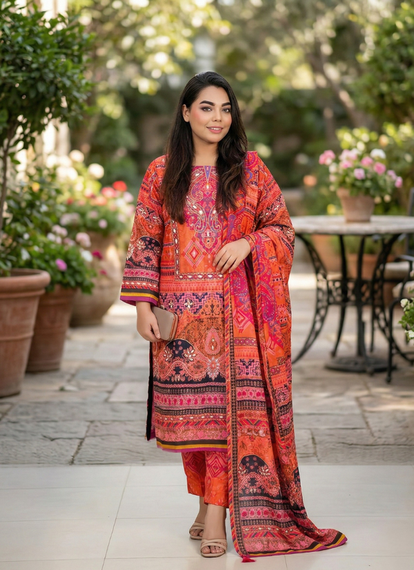 Orange Pink Chinon Silk Salwar Suit with Mirror Work