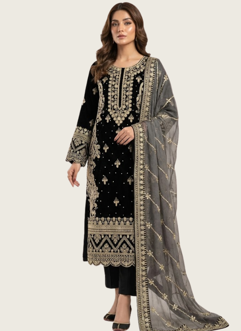 Faux Georgette Straight Punjabi Suit with Sequins & Moti Embroidery + Dupatta