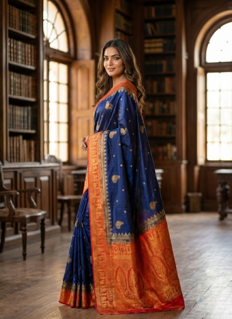 Baluchuri Silk Saree – Navy Blue & Red Border With blouse Piece