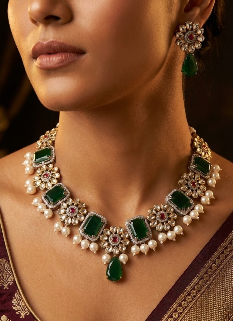 Green Stone Necklace Set with Earrings – Pearl Stone
