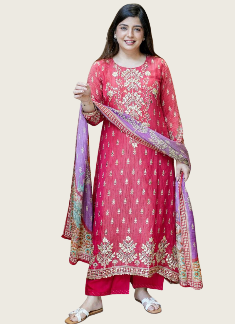 Handcrafted Punjabi Suit with Katha Embroidery & Mirror Work Dupatta | Gleemiumfashion Online store