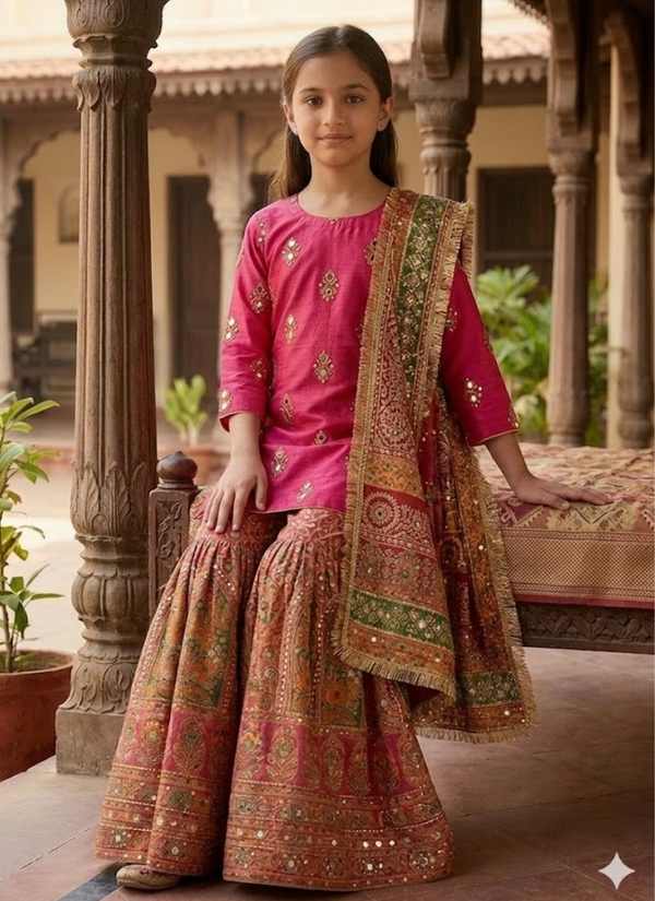 Kids Raw Silk Sharara with Block Print &amp; Mirror Work