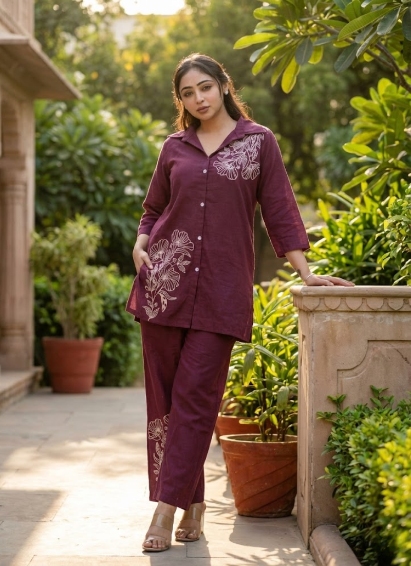 Cotton Slub Embroidered Co‑Ord Set for Women (Top & Pant) Australia