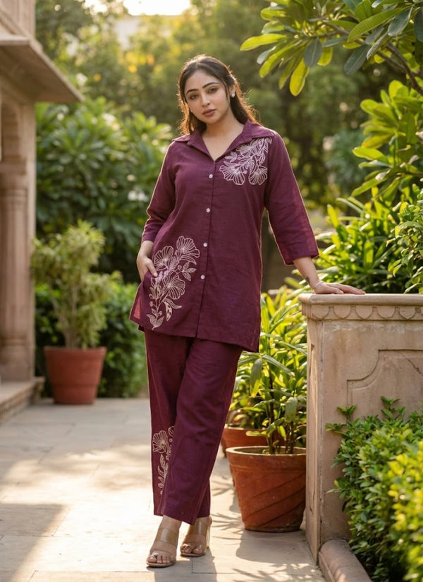 Cotton Slub Embroidered Co‑Ord Set for Women (Top & Pant)