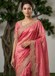 Fendy Satin Silk Saree – Gold Embroidery with Pearl Detailing & Matching Blouse 2