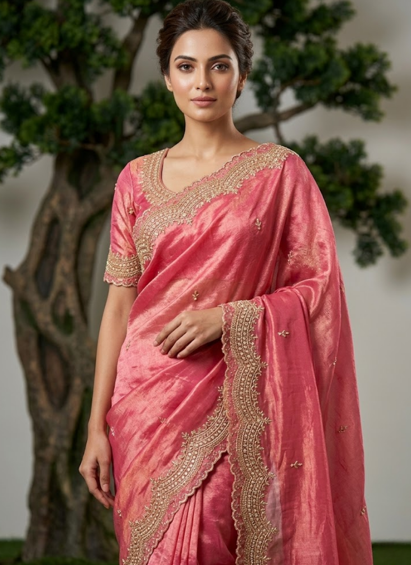 Fendy Satin Silk Saree – Gold Embroidery with Pearl Detailing & Matching Blouse