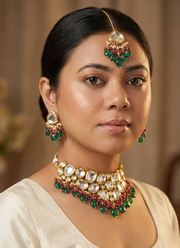 Kundan Necklace Set with Earrings & Tikka – Green & Red Beads 2