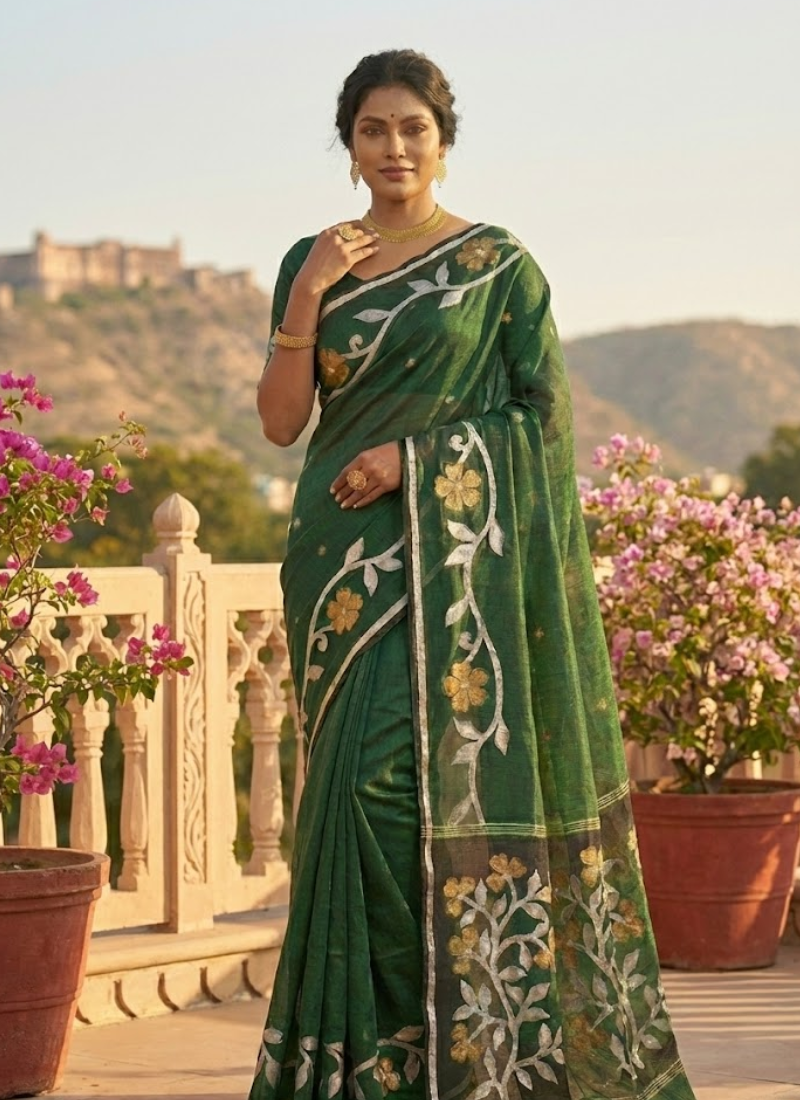 Bottle Green Tantuz Saree in Mixed Maslin Fabric