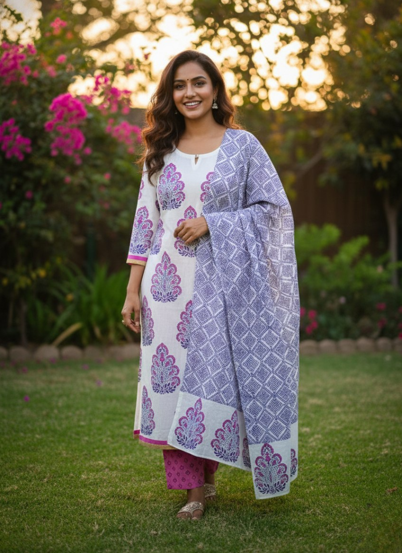 Cotton Block Printed Salwar Suit – White, Blue & Pink