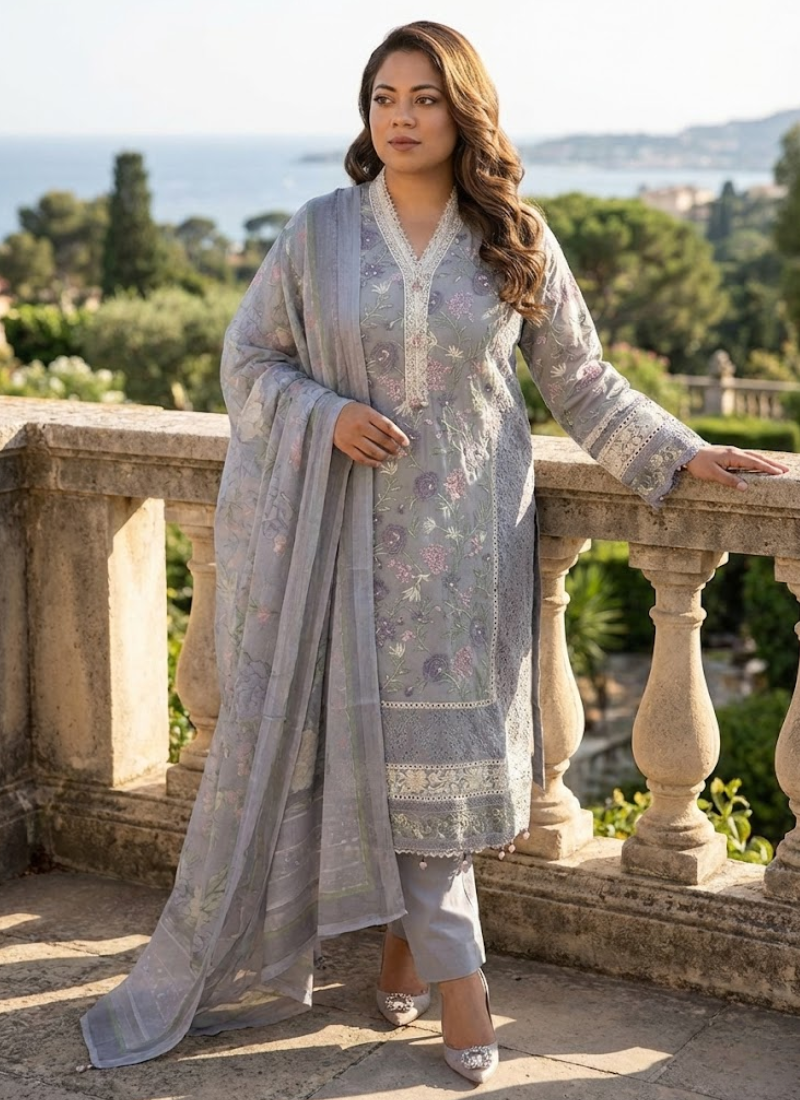 Statement ash salwar kameez with tassels, lace work, and chikankari embroidery on both sides.