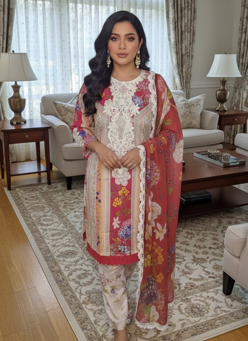 Luxury salwar kameez suit with lawn cotton kameez and salwar, chiffon dupatta, and festive embroidery.