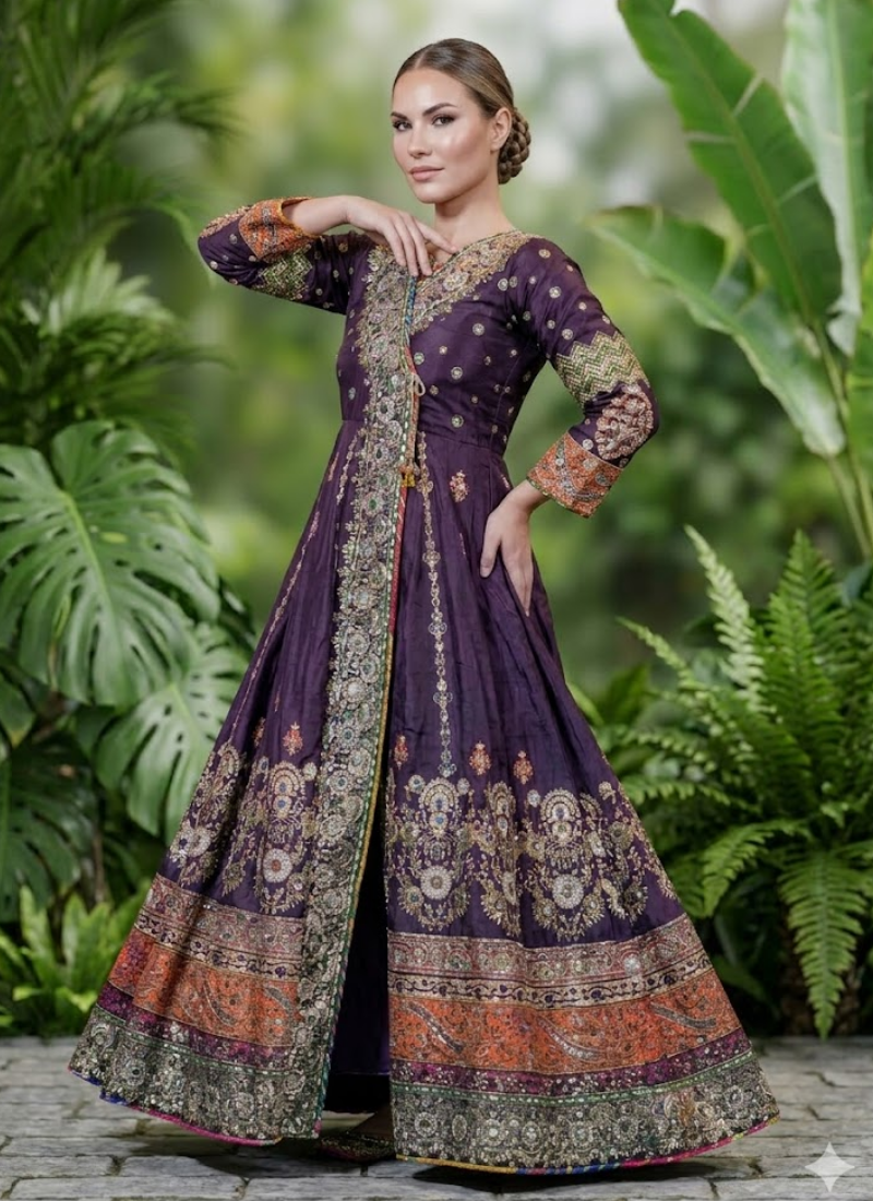 Pakistani Raw Silk Anarkali with Embroidery - View 1