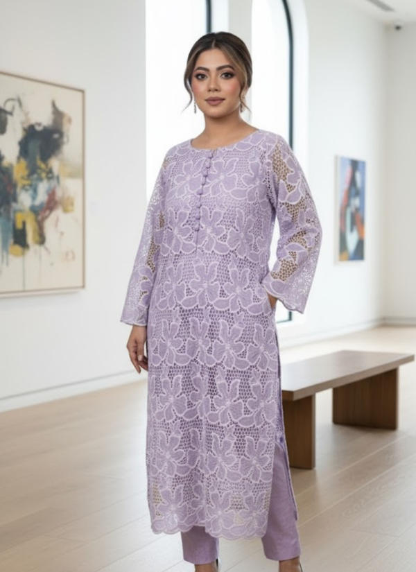 Lilac Silk Chikankari Co‑Ord Set with Divider Palazzo