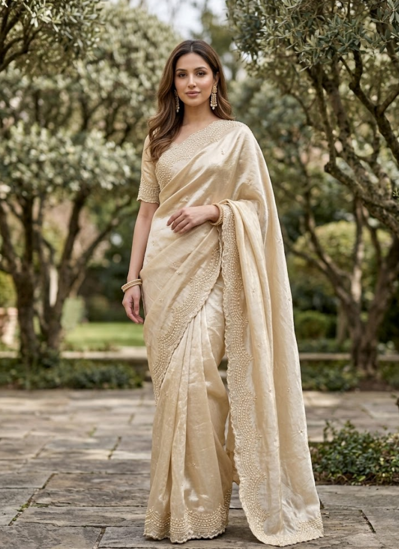 Fendy Satin Silk Saree – Gold Embroidery with Pearl Detailing & Matching Blouse Australia