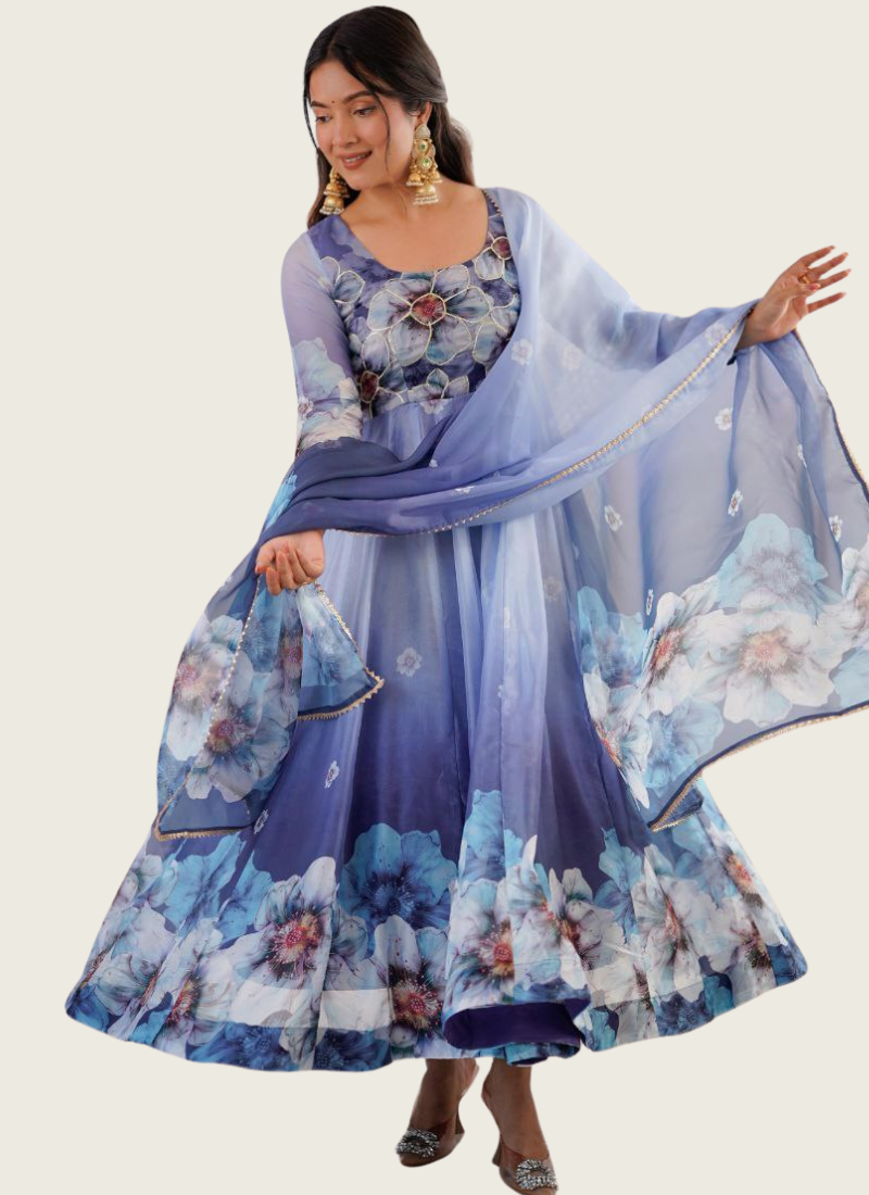 Organza Silk Anarkali Dress with Digital Print & Golden Lace Dupatta | Gleemium fashion 