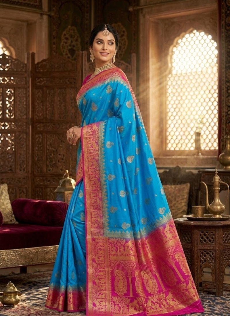 Bangalore Baluchari Silk Saree – Firozi Blue & Magenta