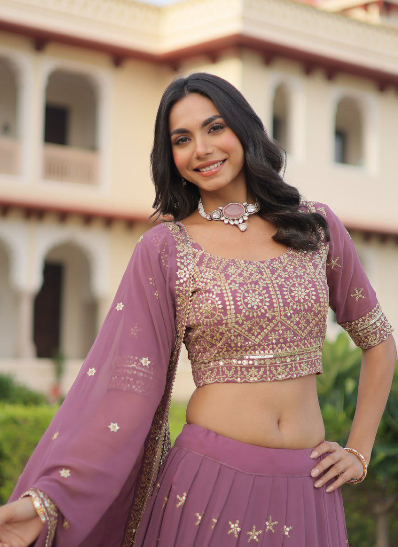 Faux Georgette Lehenga Choli with Sequins & Zari Embroidery