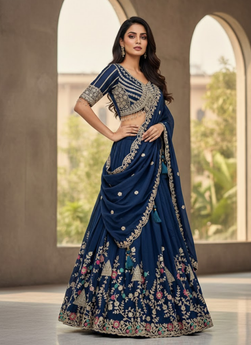 Vichitra Lehenga Choli with Sequin & Cording Work - View 1