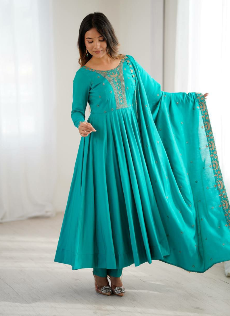 Anarkali Suit in Roman Shimmer Chanderi Silk with Beads Handwork + Embroidered Dupatta