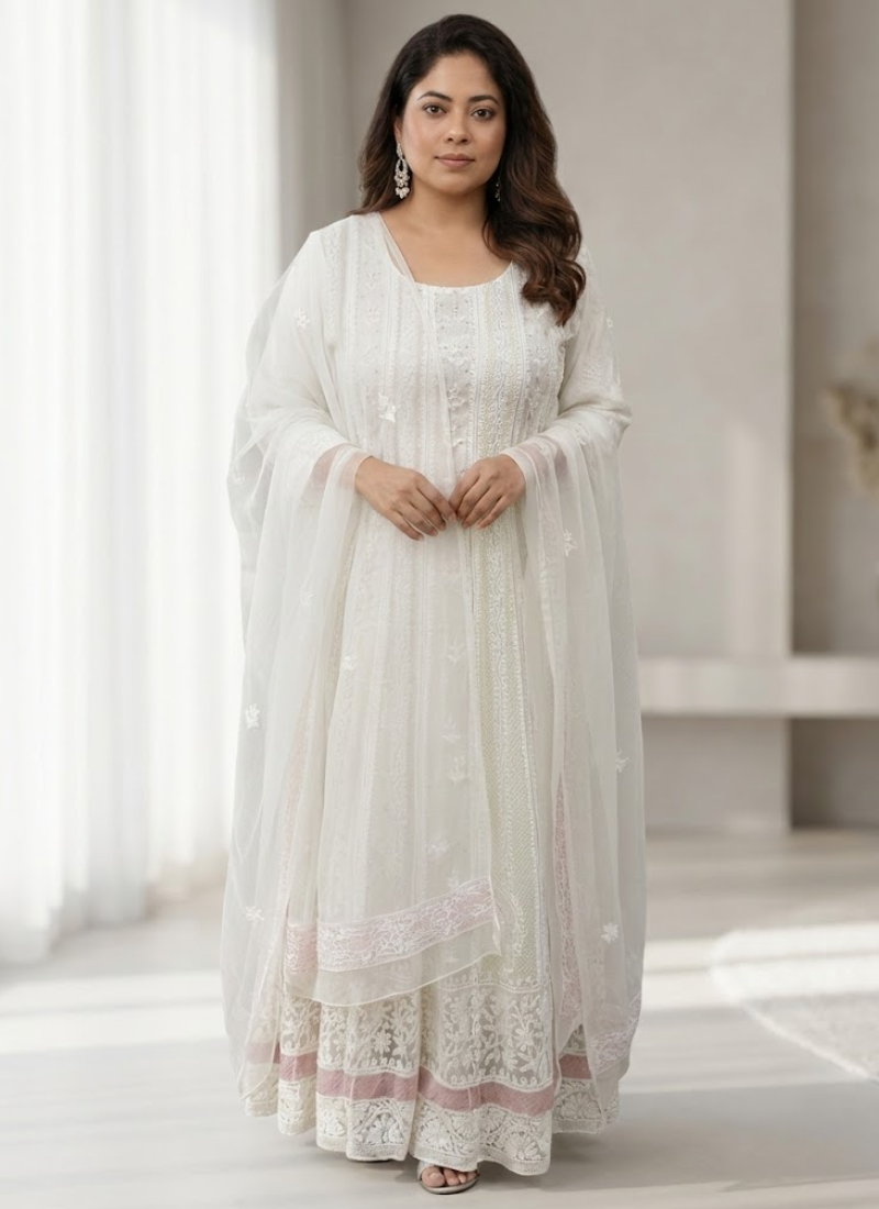 White Handmade Lucknowi Anarkali in Maslin Organza