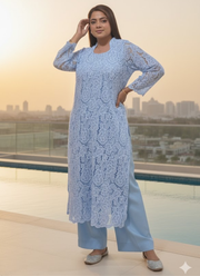 Powder Blue Silk Chikankari Co‑Ord Set with Divider Bottom 5