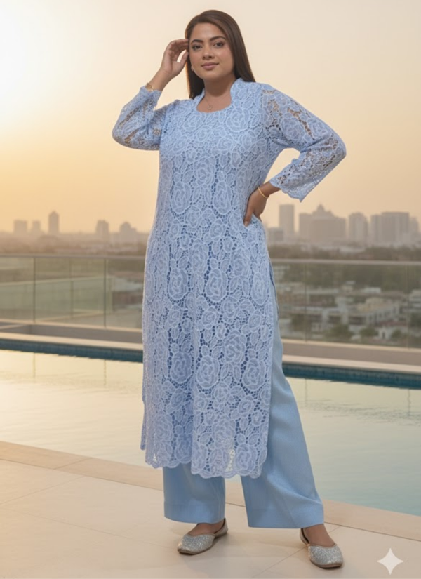 Powder Blue Silk Chikankari Co‑Ord Set with Divider Bottom