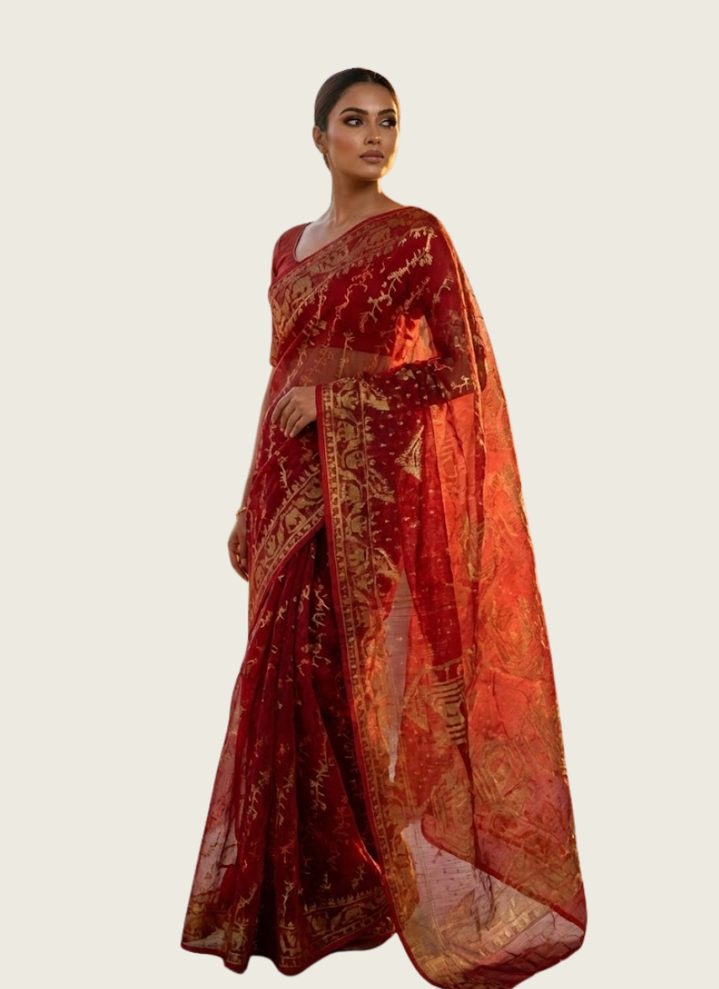 Dark Maroon Jamdani Saree with Mari Thread Work