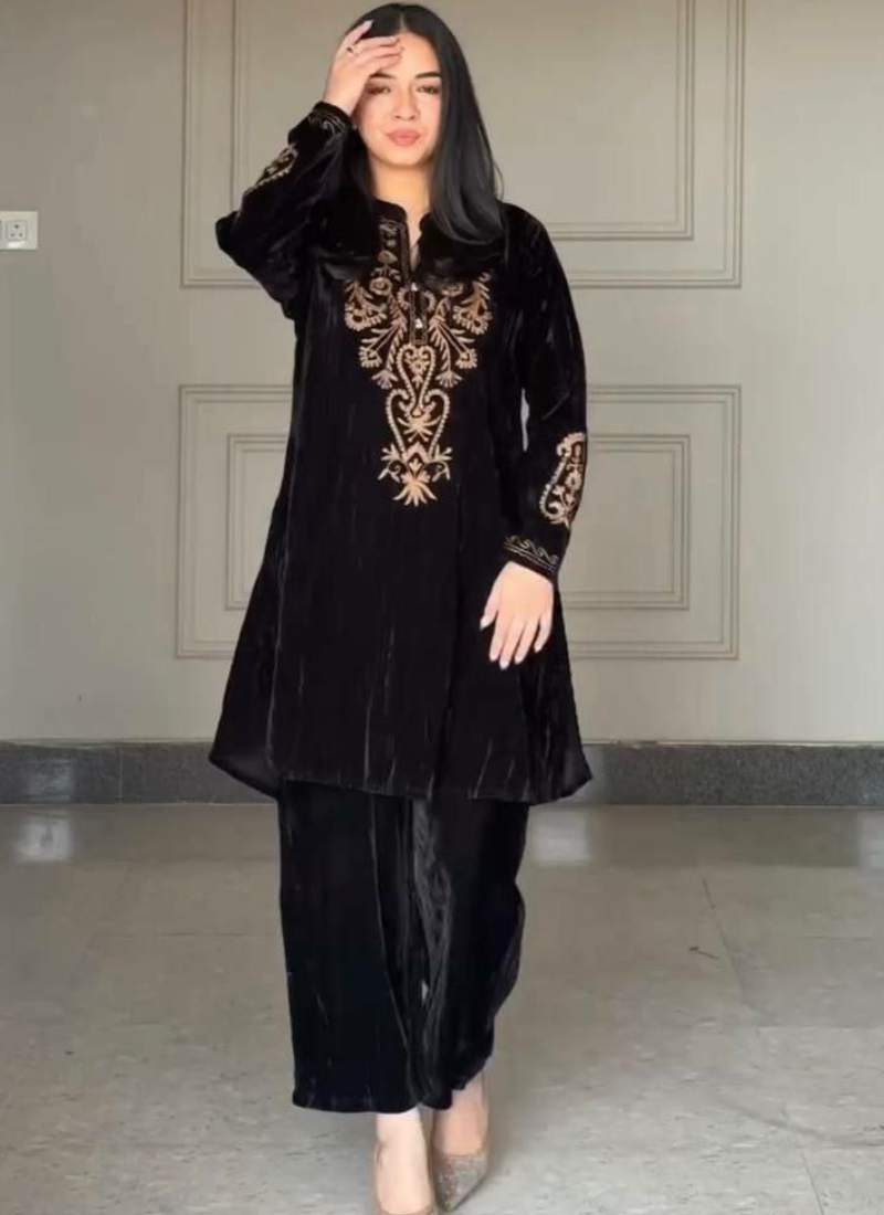 Velvet Embroidered Co‑Ord Set for Women (Kurti + Palazzo)