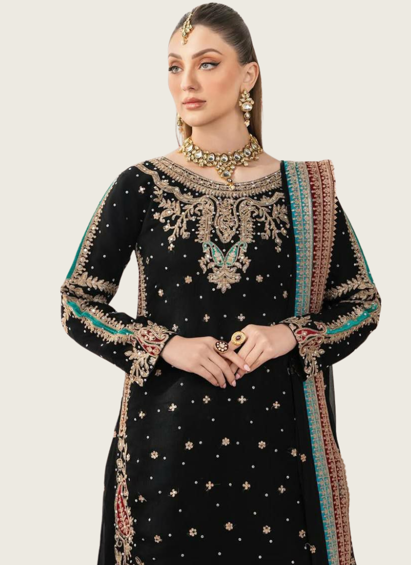 Black Georgette Shalwar Kameez with Sequins & Pearl Mirror Work + Dupatta