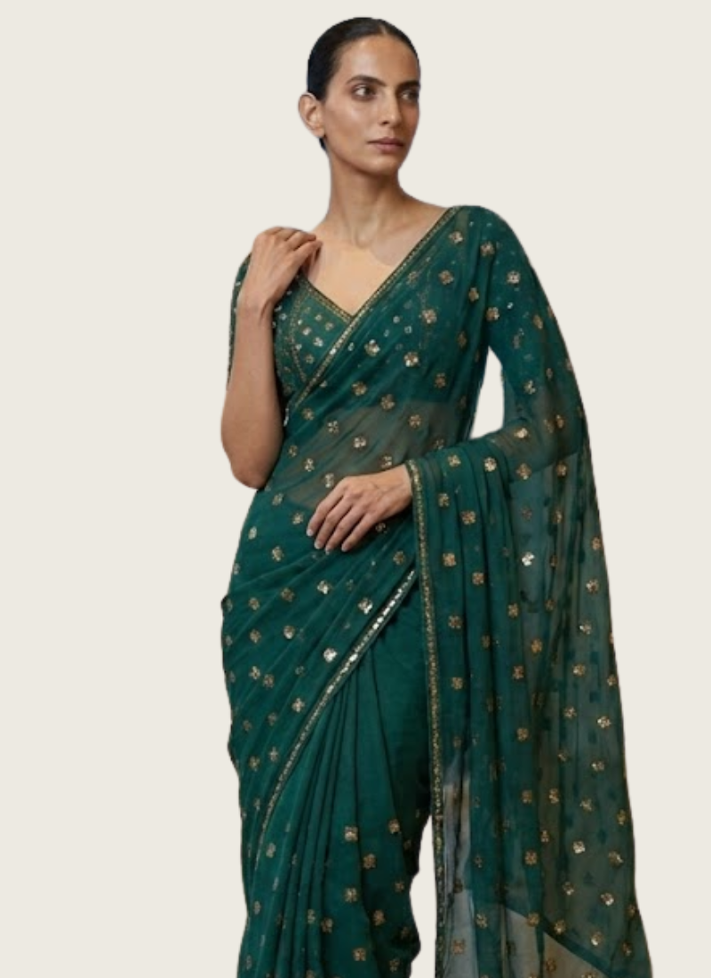 Dark Sea Green Saree in Faux Georgette with Heavy Sequins Embroidery + Silk Blouse