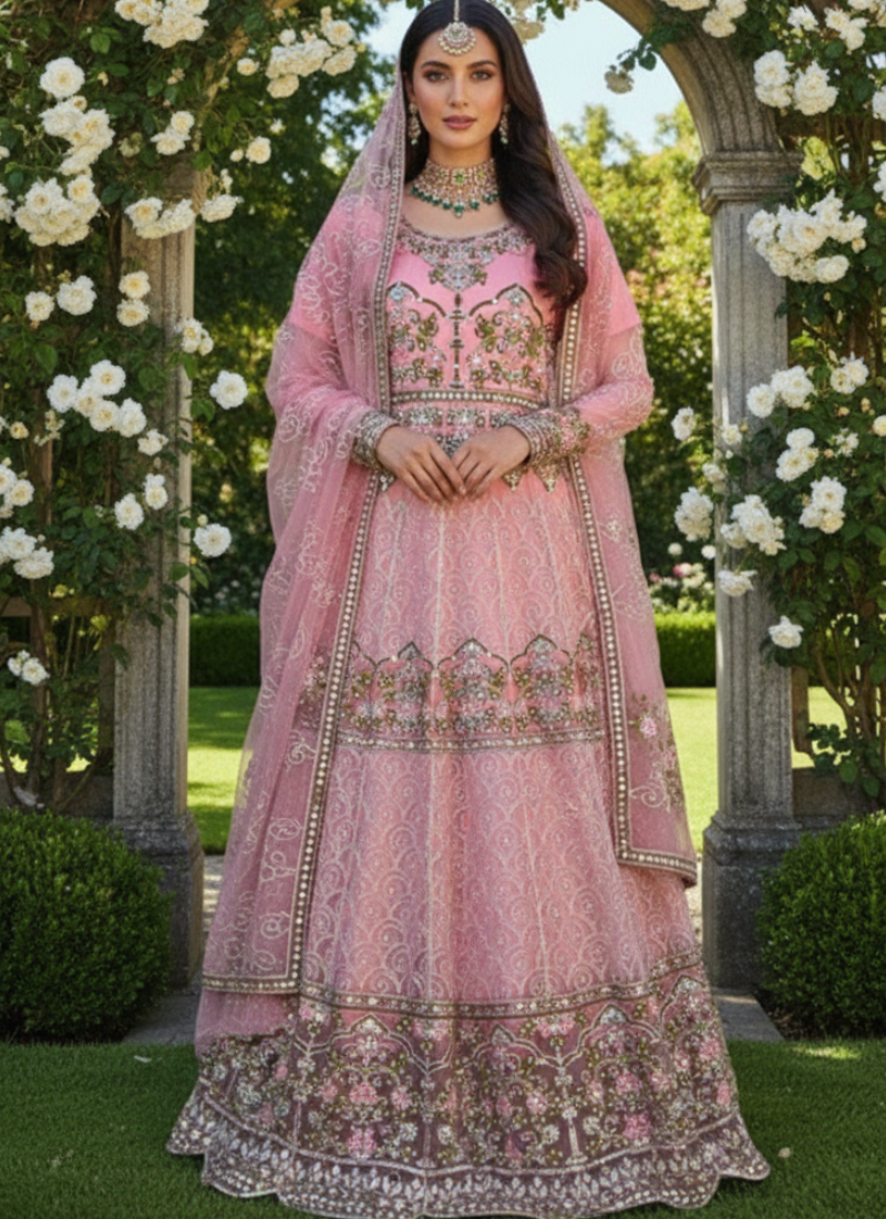 Pink Pakistani Anarkali Suit – Net Fabric with Embroidery