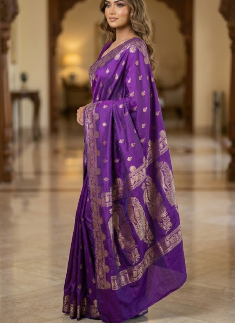 Rich Vibrant Purple Katan Silk Saree with Blouse