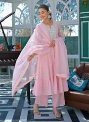 Pink Anarkali Suit in Flex Butti Cotton with Embroidery + Kota Dupatta 6