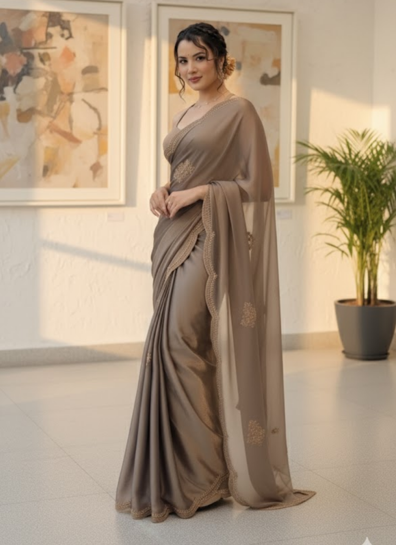Grey Two-Tone Chiffon Tissue Saree – Crystal Work Panel with Running Blouse
