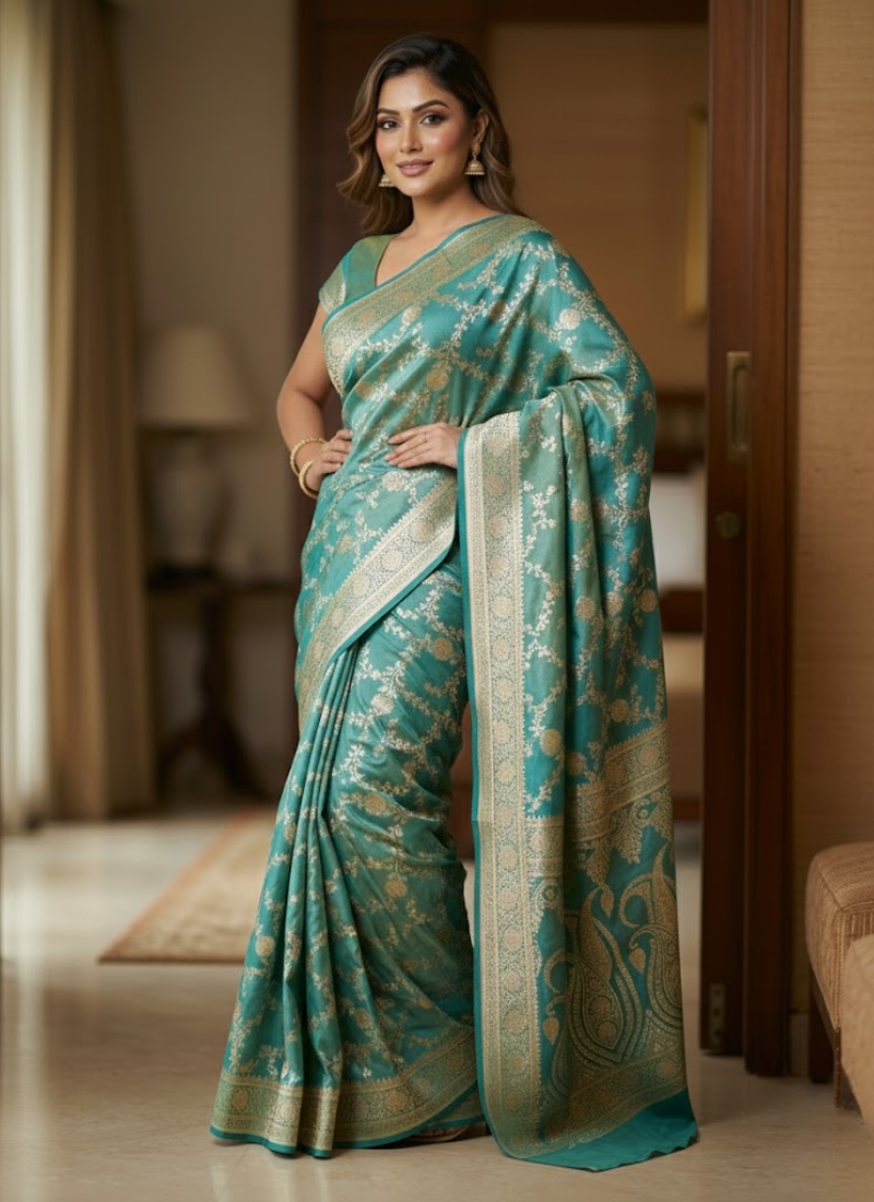 Dual Shaded Green & Gold Katan Silk Saree with Blouse