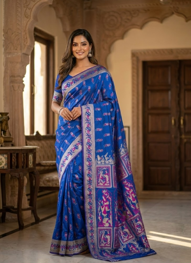 Royal Blue Sharnachura Silk Saree – Zari Work with Blouse Piece