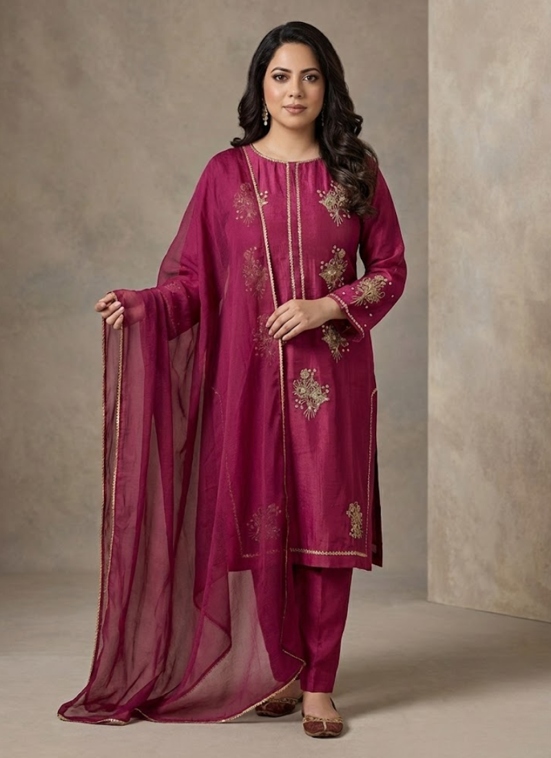 Statement hot magenta silk salwar kameez with hand embroidery, padded fit, and Pakistani size options.