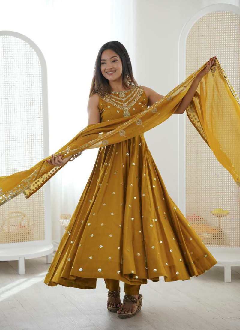 Anarkali Suit in Roman Silk with Sequins Embroidery + Chanderi Dupatta